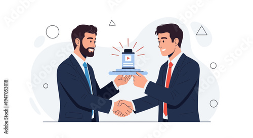 Businessmen Shaking Hands, Exchanging Digital Product on Tray, Partnership Deal