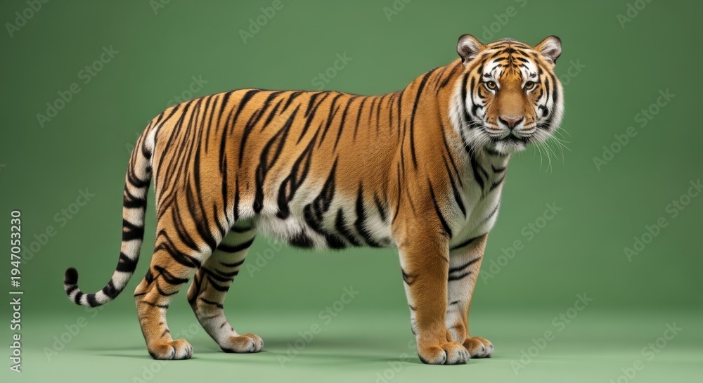 Obraz premium Tiger standing on green background studio.