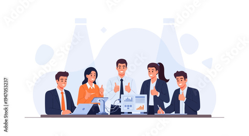 Successful business team giving thumbs up in a modern office meeting