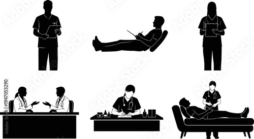 Medical healthcare service silhouettes set featuring doctors nurses and patients during consultation examination and treatment in hospital or clinic office environment.