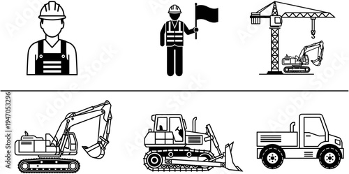 Heavy construction equipment icons set including excavator, bulldozer, truck, crane, and worker silhouettes with safety gear for building site industry projects.