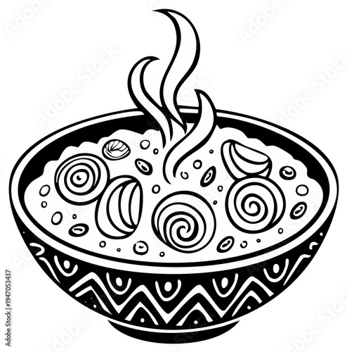 Illustration of a bowl of hot soup with swirled dumplings and decorative rim