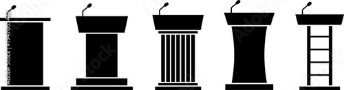 Set of podium and rostrum silhouettes with microphones for public speaking conference presentation debate lecture and press release events in flat vector