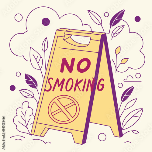 Illustrated signboard indicating no smoking area surrounded by greenery