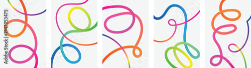 Vibrant multicolored swirling lines artwork on off white background