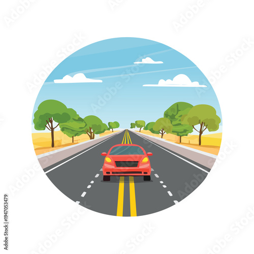 Red car driving on a highway through landscape with trees and sky