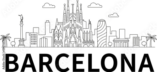 Barcelona city skyline horizontal banner with Sagrada Familia cathedral and famous landmarks in thin line art style for travel and tourism