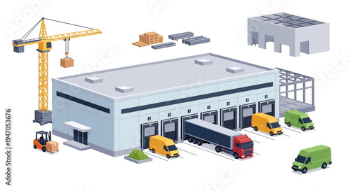 Isometric Logistics Warehouse with Trucks, Forklift, and Crane. Global Supply Chain, Shipping & Delivery Operations.