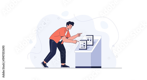 Man interacting with digital display, choosing options on screen, modern technology concept