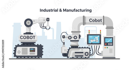 Industrial & Manufacturing Cobot Automation Concept. Smart Factory Collaborative Robots in Production Line. Modern Industry 4.0 Technology Illustration.