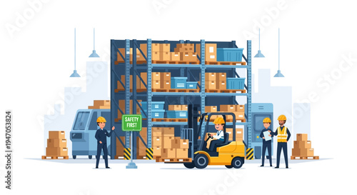 Warehouse Logistics and Supply Chain Management with Workers, Forklift, and Storage Racks ensuring Safety