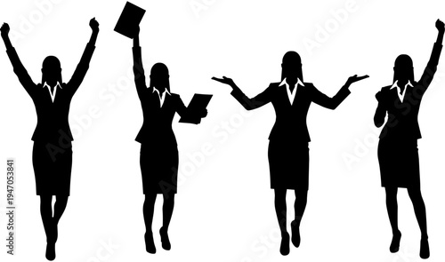 Successful business woman silhouette set, professional female entrepreneur celebrating victory, holding documents, corporate office worker pose, lady boss achievement, isolated vector.