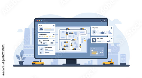 Automated Warehouse & Logistics Management System Dashboard with AGV Fleet Monitoring. Smart Factory, Industry 4.0, Robotics Technology Illustration.