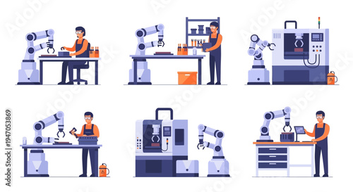 Industrial Automation & Robotics in Manufacturing: Workers Operating Robotic Arms, CNC Machines, & Modern Production Processes. Smart Factory & Industry 4.0 Icons Set.