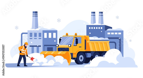 Industrial Snow Removal: Worker Shoveling and Snowplow Truck Clearing Snow in Winter Landscape with Factories