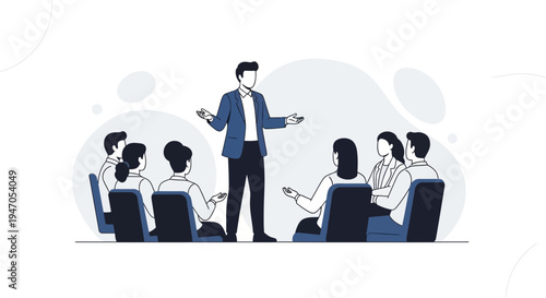 Business meeting with speaker presenting to attentive audience in modern office