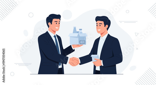 Businessmen shaking hands, one delivering a box of products, partnership concept
