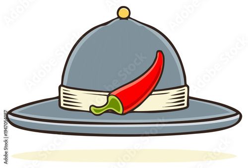 Cartoon grey pith helmet adorned with a vibrant red chili pepper illustration