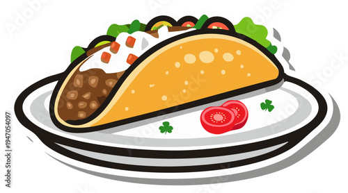 Illustration of a delicious taco with meat, lettuce, tomatoes and sour cream served on a white plate