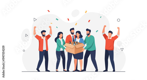 Team celebrating success, opening gift box with confetti, diverse people happy