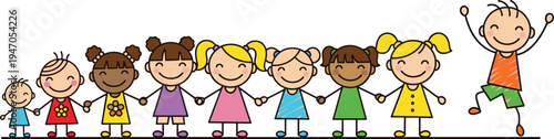 Diverse Children Holding Hands Icon Set Featuring Boys and Girls in Colorful Outfits for Education, Friendship, and Social Inclusion Designs