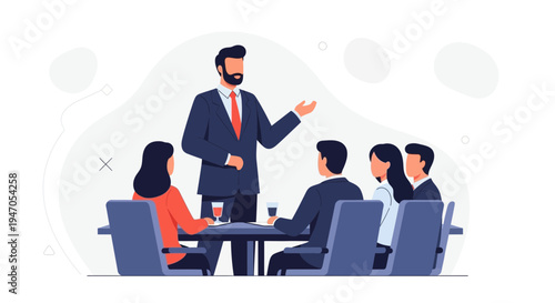 Business meeting: leader presenting to diverse team in modern office, flat illustration