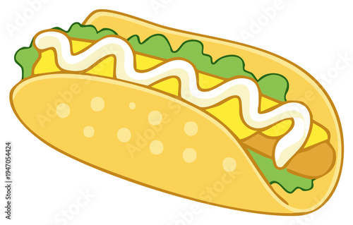 Cartoon illustration of a delicious hotdog with lettuce, sauce, and a bun. Fast food concept.