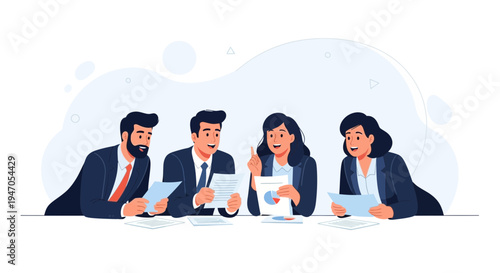 Business team meeting, discussing charts and documents, collaboration and teamwork concept