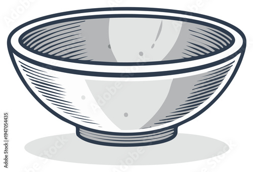 Engraved vector illustration of a white empty bowl on a gray shaded floor