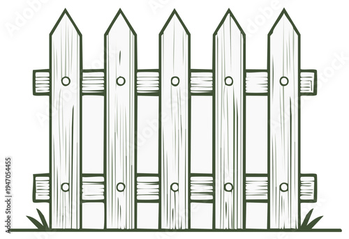 A charming hand drawn illustration of a white picket fence with a green outline and a few blades of grass.