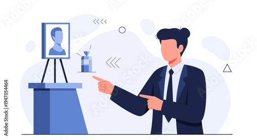 Businessman presenting portrait and abstract object in modern office