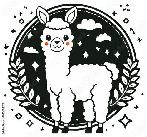 Whimsical llama illustration with starry night scene in a circular frame decorated with laurel wreath for children's design