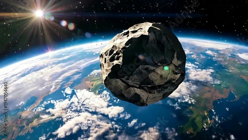 Large asteroid or meteoroid orbiting Earth against a backdrop of stars and sunlight, illustrating cosmic phenomena and space exploration.