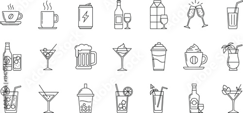 Drink and Beverage Icon Set Featuring Coffee, Cocktails, Beer, Milk, and Soft Drinks for Cafe, Bar, and Party Designs