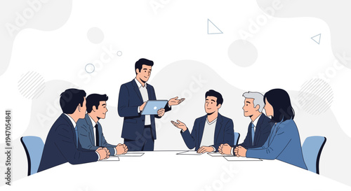 Business meeting: team discussing strategy with leader presenting on tablet