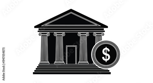 Black and white illustration of a classical building with a dollar sign coin