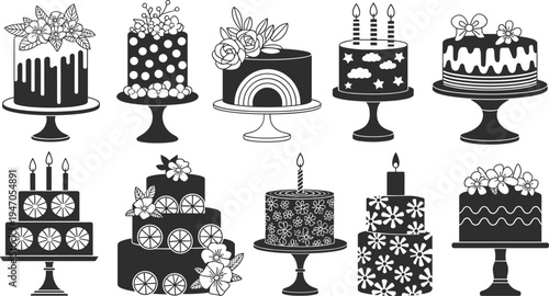 Black and white vector illustration set of decorative birthday cakes with flowers, candles, polka dots, and citrus slices on elegant stands for celebration design. (24 words)