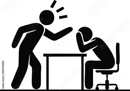 Minimalist Burnout and Pressure Graphic, Verbal Harassment or Discipline Icon, Angry Boss Confronting Employee Silhouette, vector, illustration, silhouette.