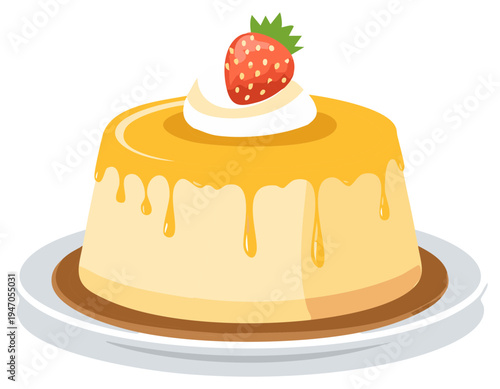Cartoon illustration of a custard dessert with strawberry and cream topping on a plate.