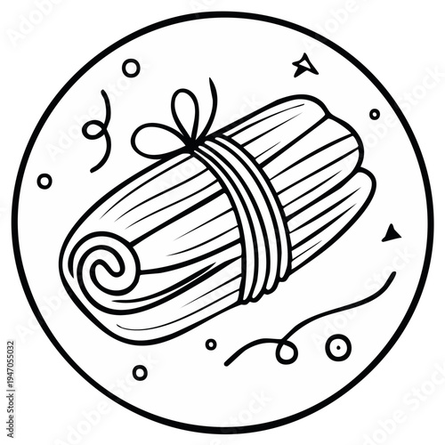 Outline illustration of a bundle of cinnamon sticks tied with a ribbon, graphic element.