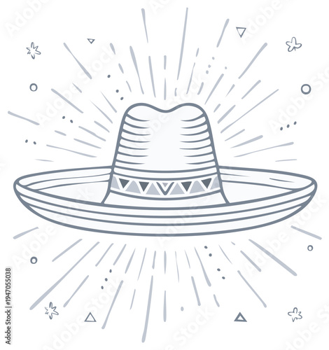 Mexican sombrero hat with radiant sunburst illustration