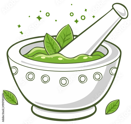 Illustration of a mortar and pestle with green sauce and leaves