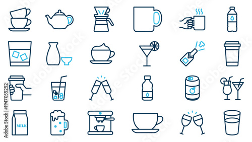 Beverage and Drink Icon Collection in Blue Line Art Style