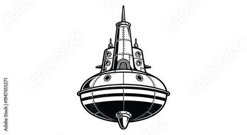 Stylized black and white illustration of a retro futuristic spaceship or submarine high quality