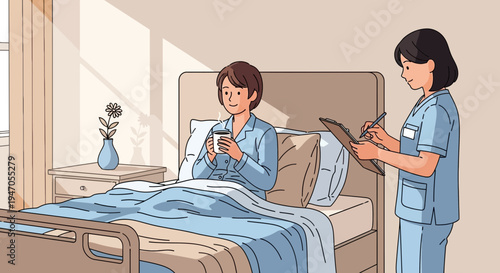 Nurse checks on patient in hospital bed, patient drinks from cup
