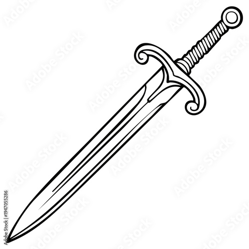 Illustration of a Detailed Medieval Sword Black and White Drawing Vector Outline