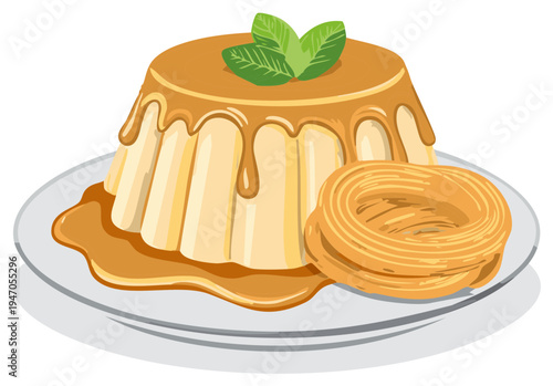 Creamy caramel custard dessert with churro and mint garnish on a plate