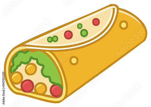 Cartoon Illustration of a Delicious Burrito Wrap with Colorful Vegetables and Fillings