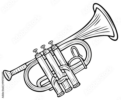 Line art illustration of a brass trumpet with valves and bell for musical performance and education