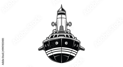 Stylized black and white illustration of a retro submarine viewed from the front